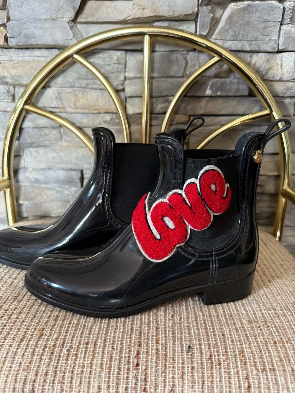 Lemon Jelly Black Glossy Chelsea Rain Boots with LOVE Patch Size 37